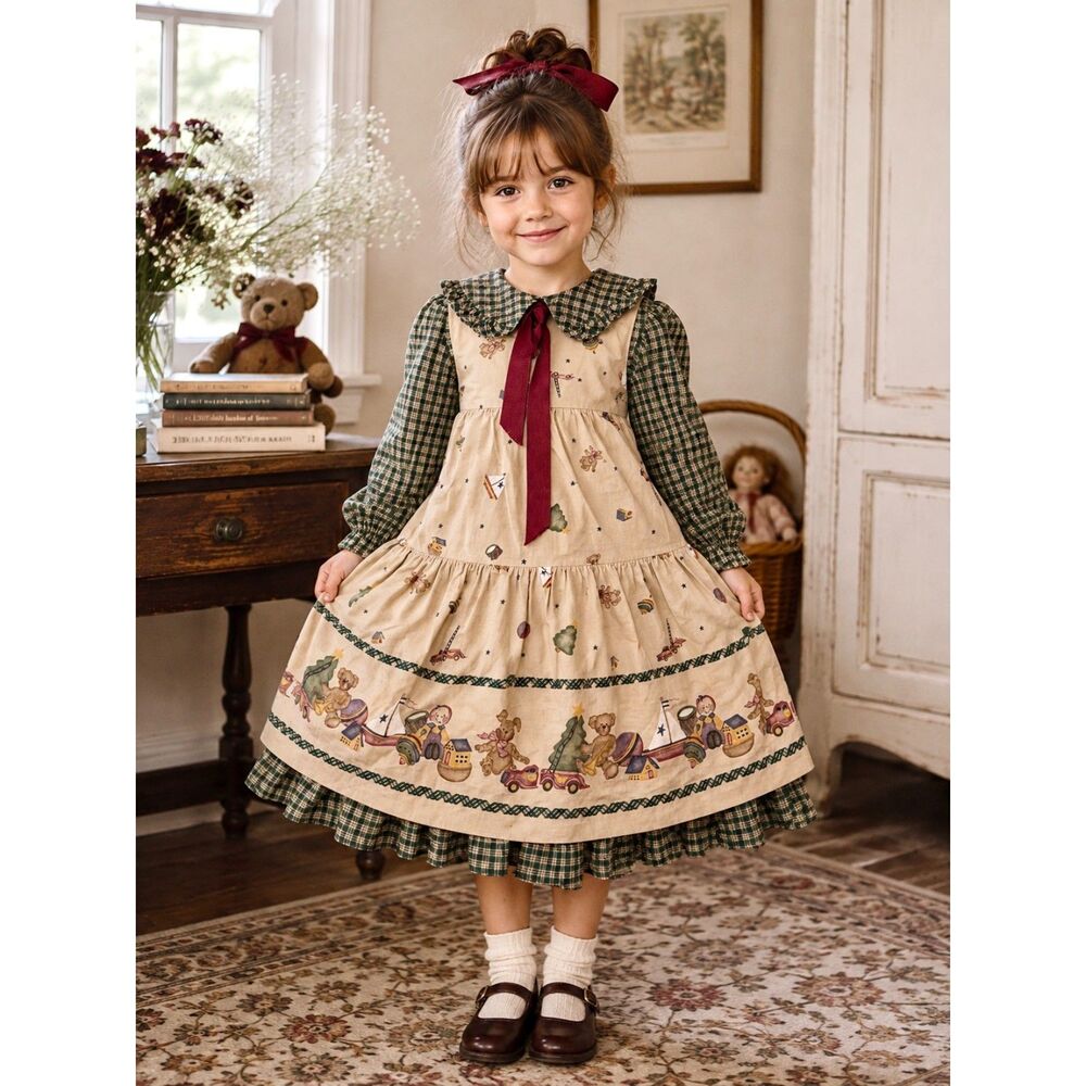 Vintage Daisy Kingdom Christy Dress Girls 4 Christmas Toy Border Plaid Made USA